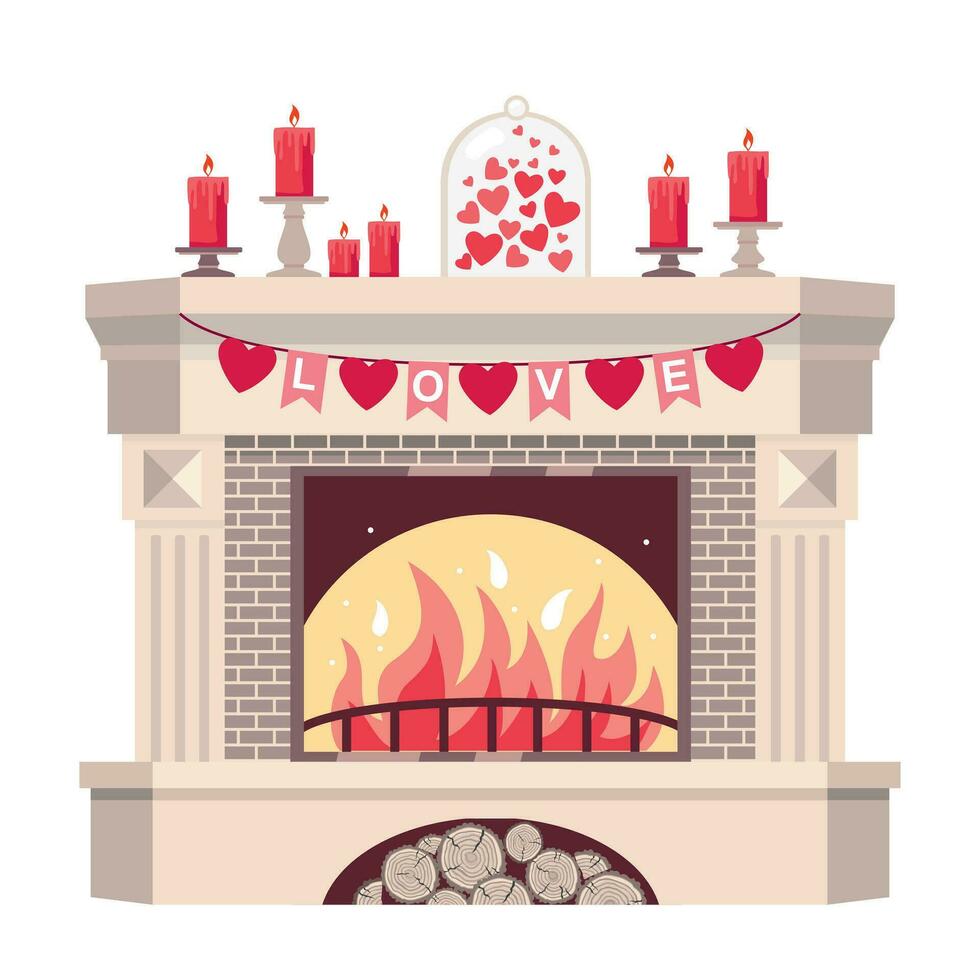 romântico lareira decorado para dia dos namorados dia. uma lareira com uma queimando fogo, uma festão do corações, vermelho velas. ilustrado vetor clipart.