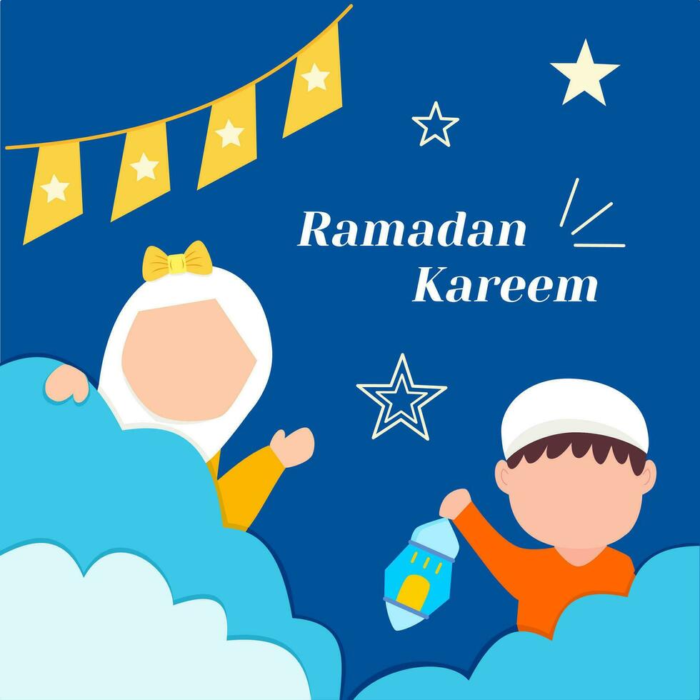 Ramadã kareem, islâmico cumprimento cartão Projeto com feliz muçulmano crianças segurando lanterna. para poster, meios de comunicação bandeira, folheto, social meios de comunicação. vetor