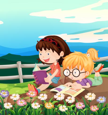 Duas meninas, livro leitura, em, jardim vetor