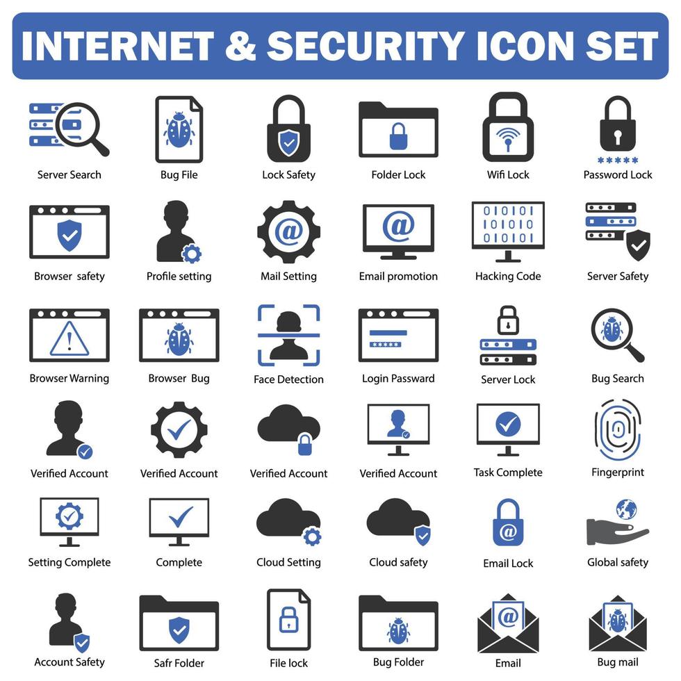 ícone de internet e segurança definido em preto e azul vetor