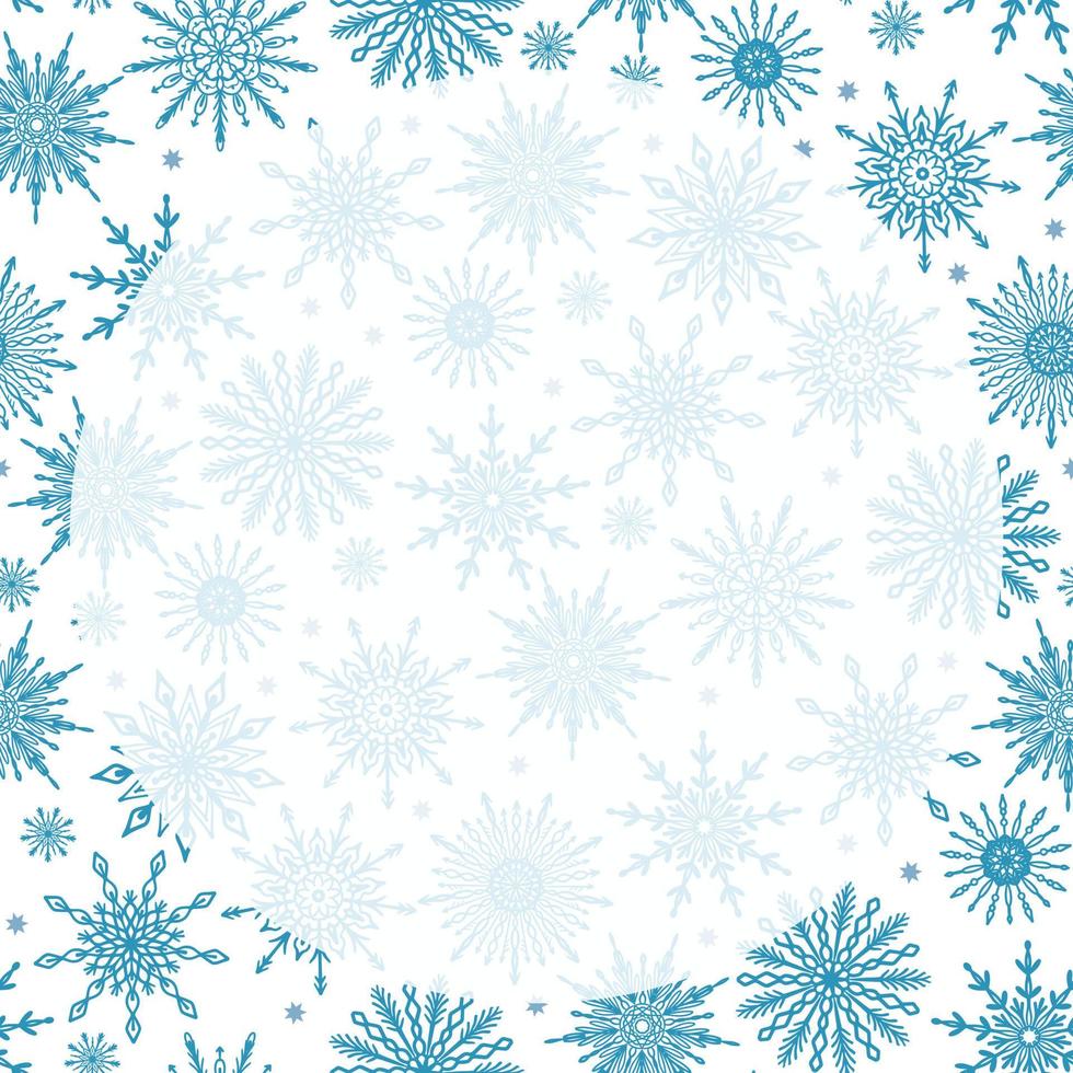 fundo de padrão de temporada de inverno festivo bonito com vários fundo de padrão de temporada de inverno festivo de flocos de neve com vários ícones de floco de neve em branco, espaço de cópia transparente redondo. modelo de natal vetor