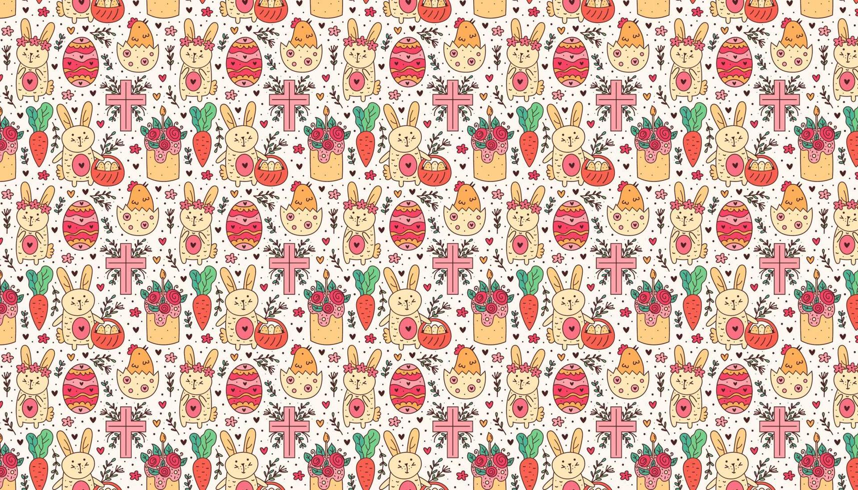 feliz páscoa feriado doodle linha arte coelho coelho cruz cristão bolo galinha ovo galinha flor cenoura padrão vetor