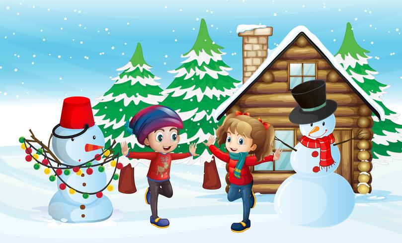 Dois, crianças, e, boneco neve, frente, cabana, casa vetor