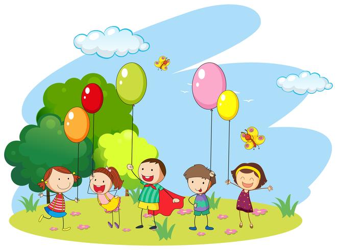 Muitas crianças jogando balões no campo vetor
