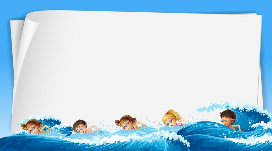 Modelo de papel com crianças nadando no oceano vetor