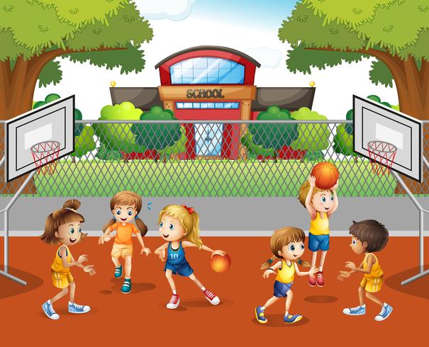 Estudante jogando basquete na escola vetor