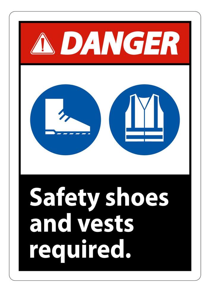 Sinal de perigo, sapatos de segurança e colete necessários com símbolos de ppe em fundo branco, ilustração vetorial vetor