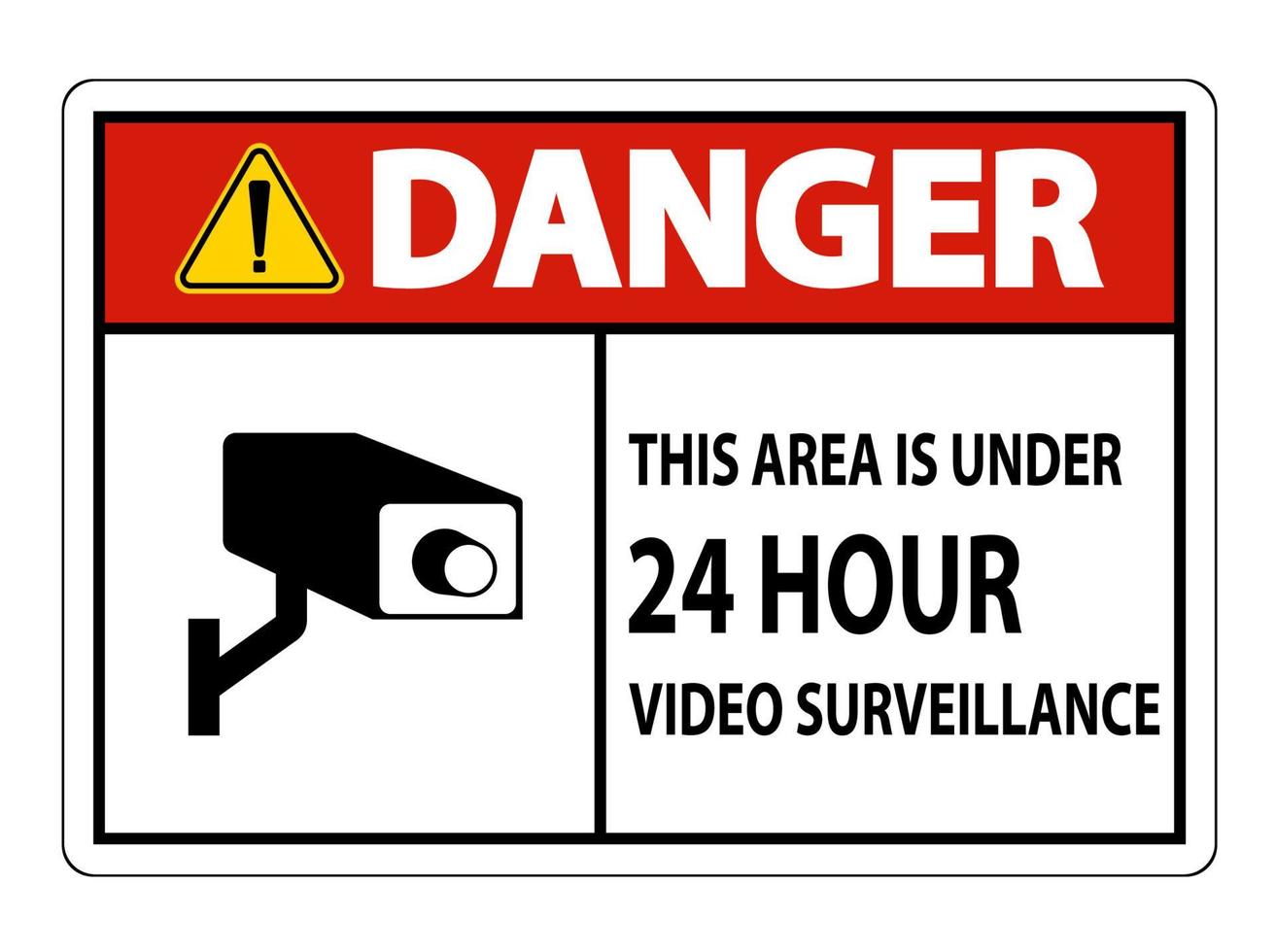 perigo esta área está sob sinal de símbolo de vigilância por vídeo 24 horas isolado no fundo branco, ilustração vetorial vetor