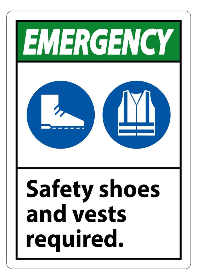 Sapatos de segurança para sinais de emergência e colete necessários com símbolos de ppe em fundo branco, ilustração vetorial vetor