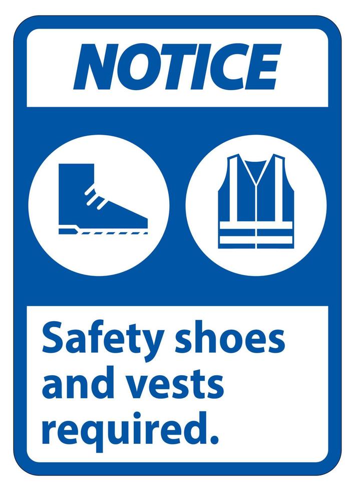 aviso sinal sapatos de segurança e colete necessários com símbolos ppe em fundo branco, ilustração vetorial vetor