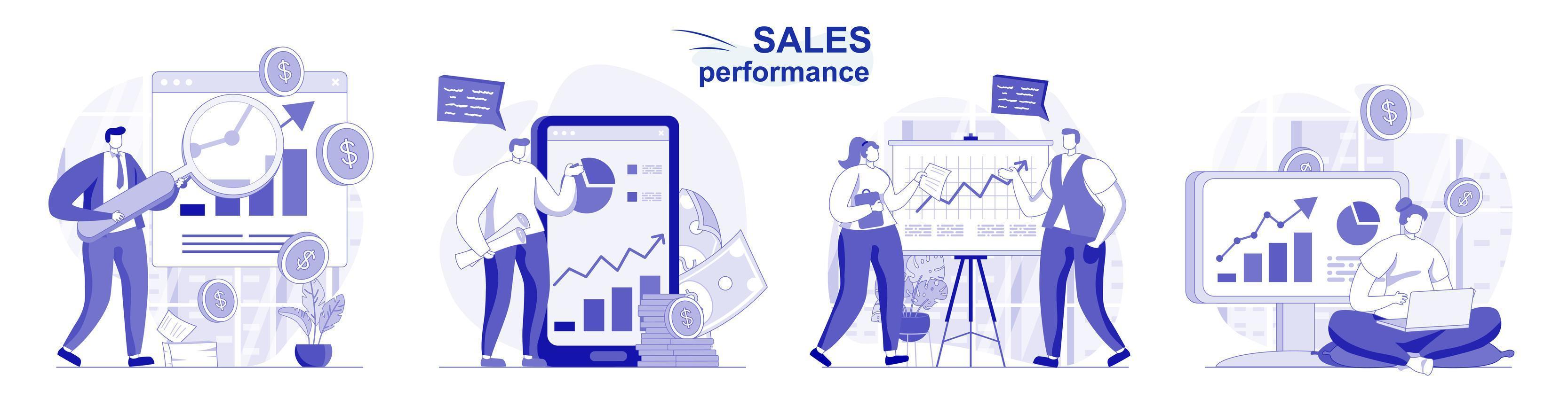 desempenho de vendas isolado definido em design plano. pessoas analisando dados financeiros, aumento de ganhos, coleção de cenas. ilustração vetorial para blog, site, aplicativo móvel, materiais promocionais. vetor