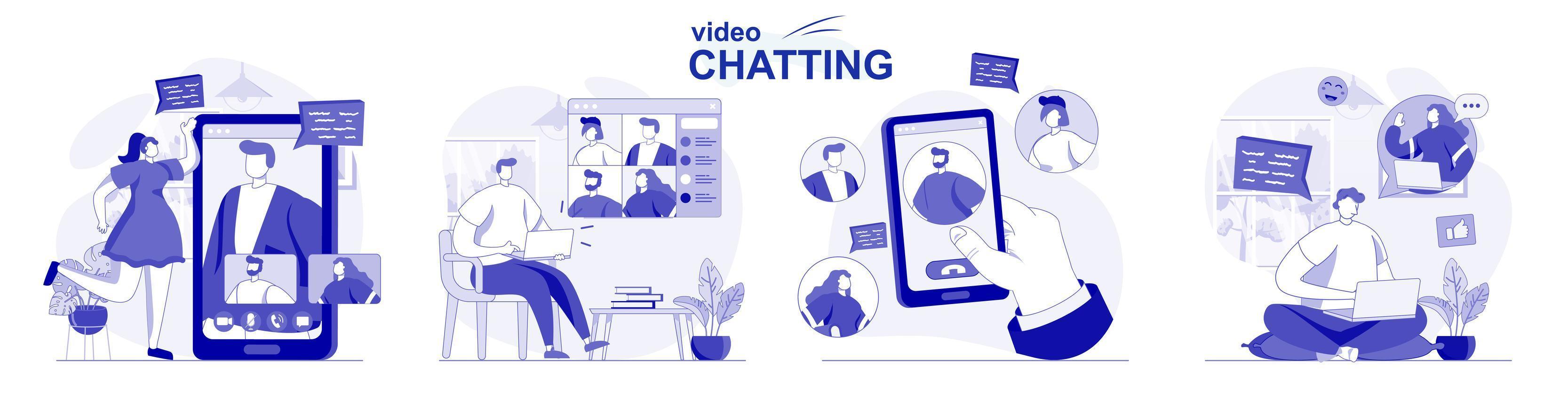 vídeo chat isolado definido em design plano. pessoas conversam com amigos online usando aplicativo de videochamada, coleção de cenas. ilustração vetorial para blog, site, aplicativo móvel, materiais promocionais. vetor