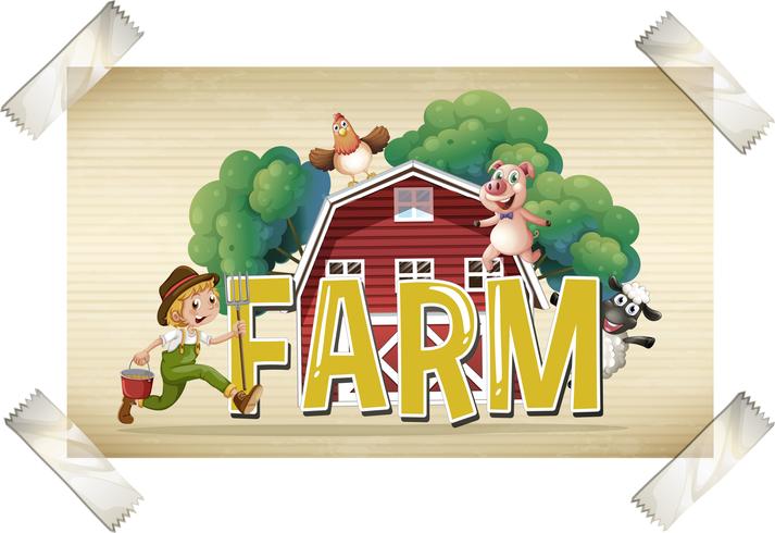 Flashcard para fazenda de palavra com agricultor e animais vetor