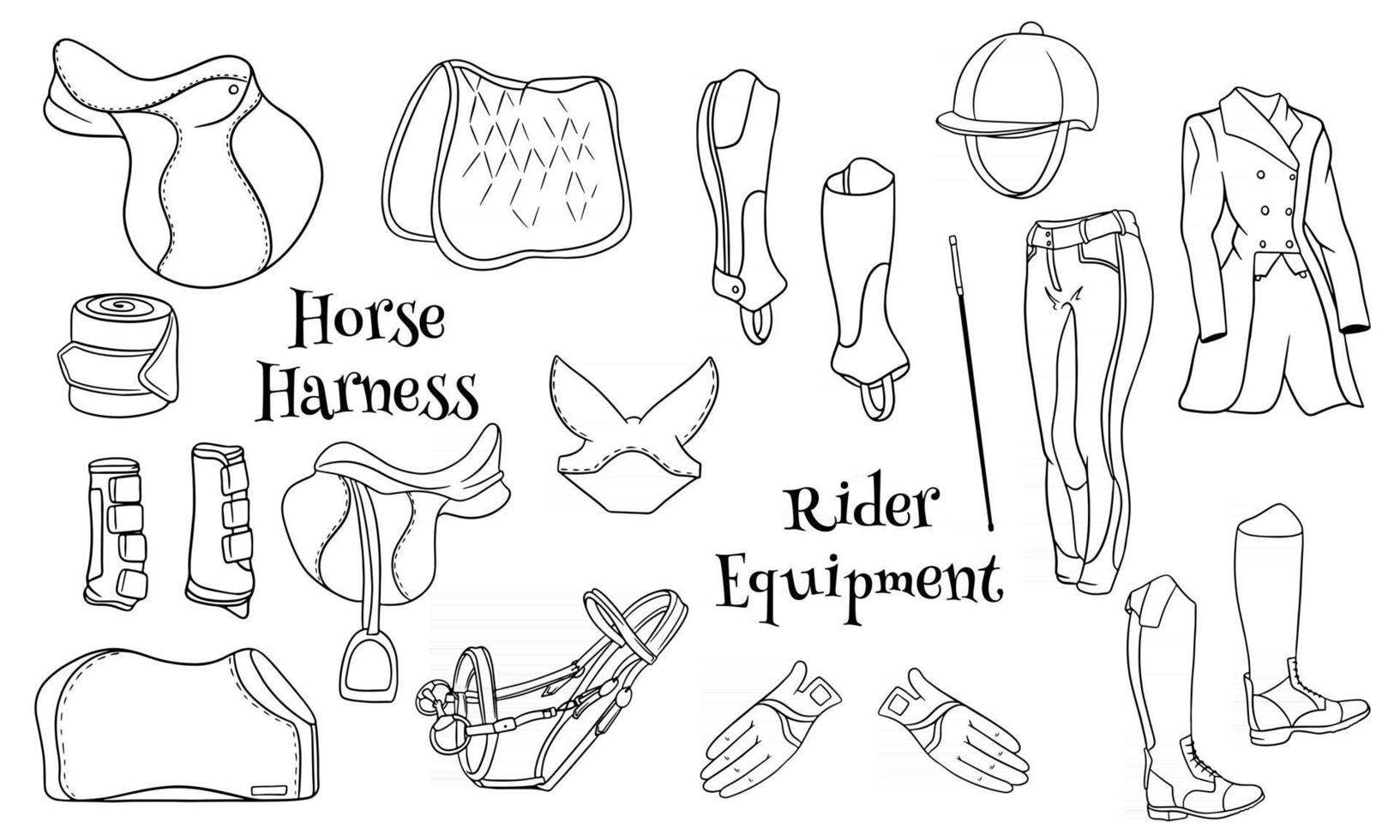 grande conjunto de equipamentos para o cavaleiro e munições para o cavalo ilustração em livros de colorir estilo linha vetor