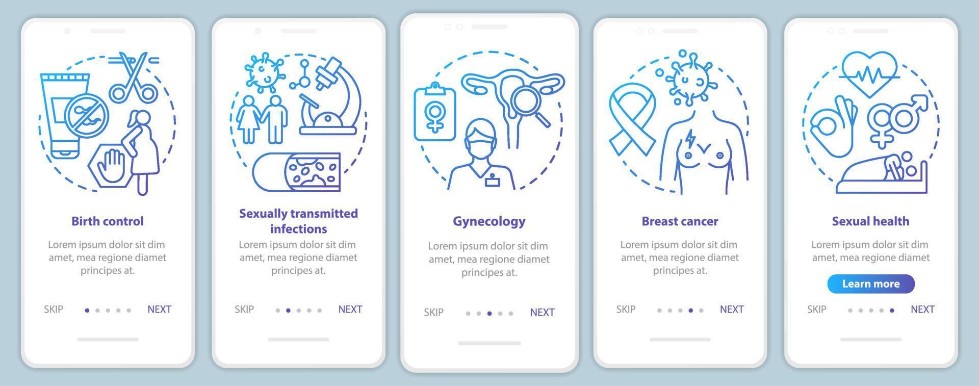 modelo de vetor de tela de página de aplicativo móvel azul de saúde feminina