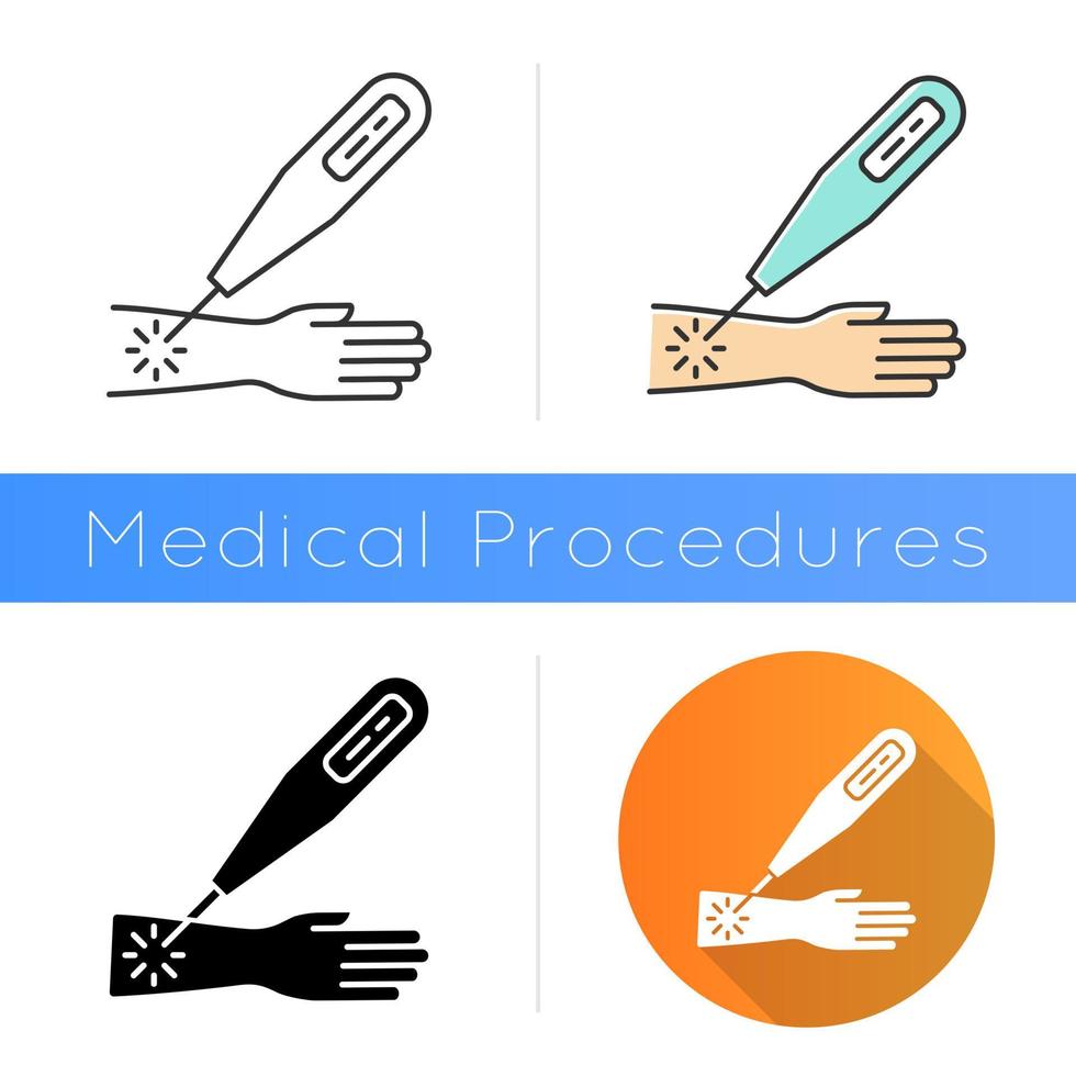 ícone de terapia a laser. procedimento médico-cirúrgico. serviços de saúde. cura doenças, ajuda a doenças. terapia de lesões. destruir tumor. design plano, estilos lineares e de cores. ilustrações vetoriais isoladas vetor