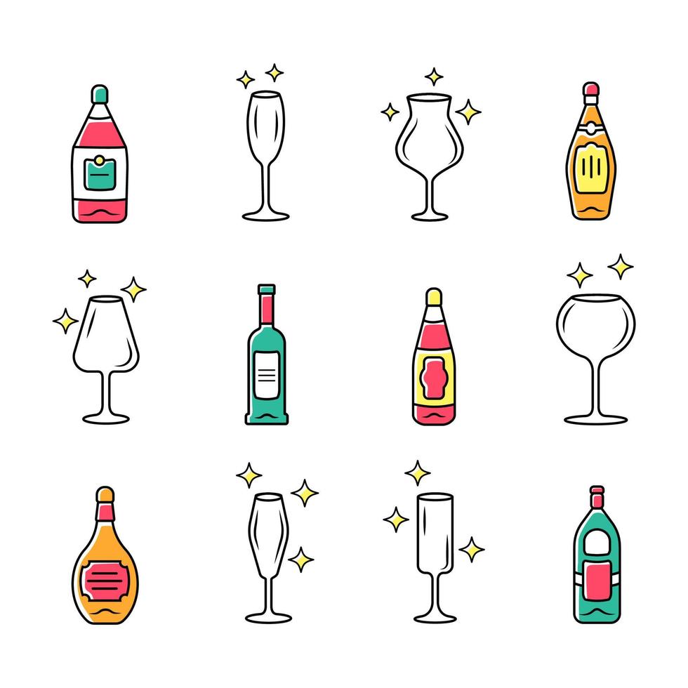 conjunto de ícones de cores de copos de bebidas alcoólicas vetor