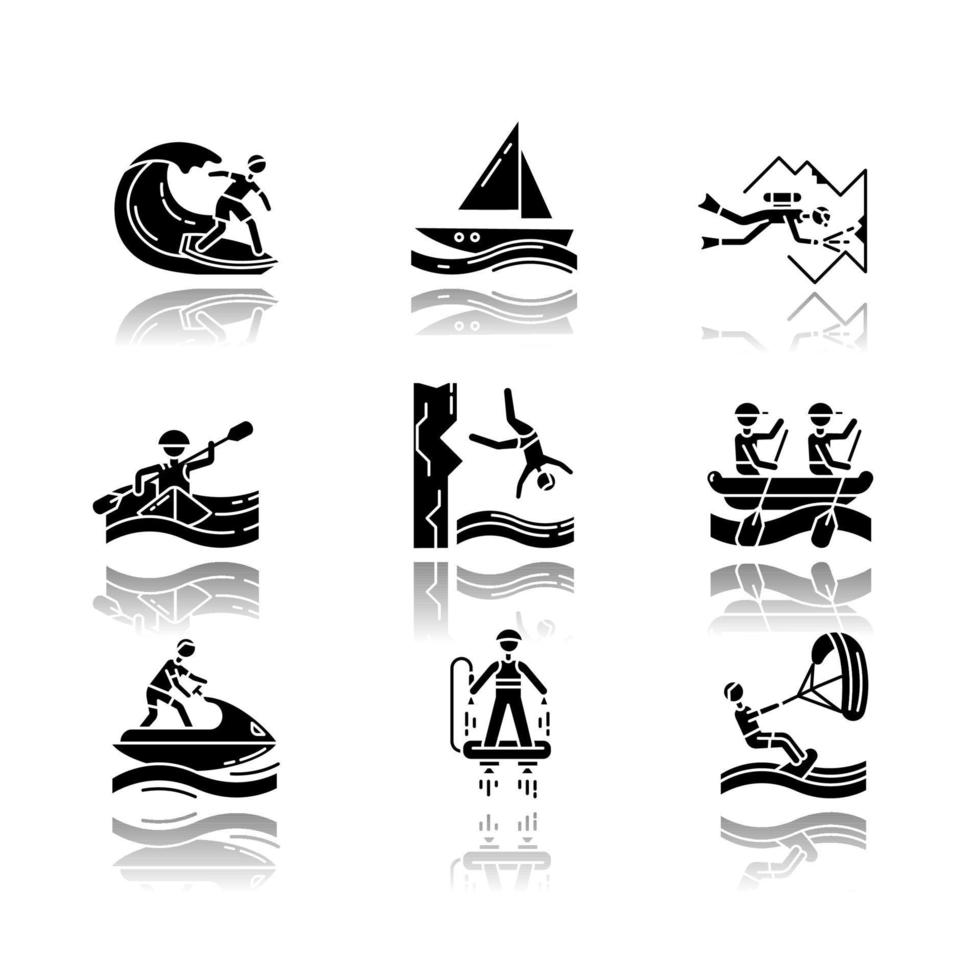 conjunto de ícones de glifo preto de esportes aquáticos sombra projetada vetor