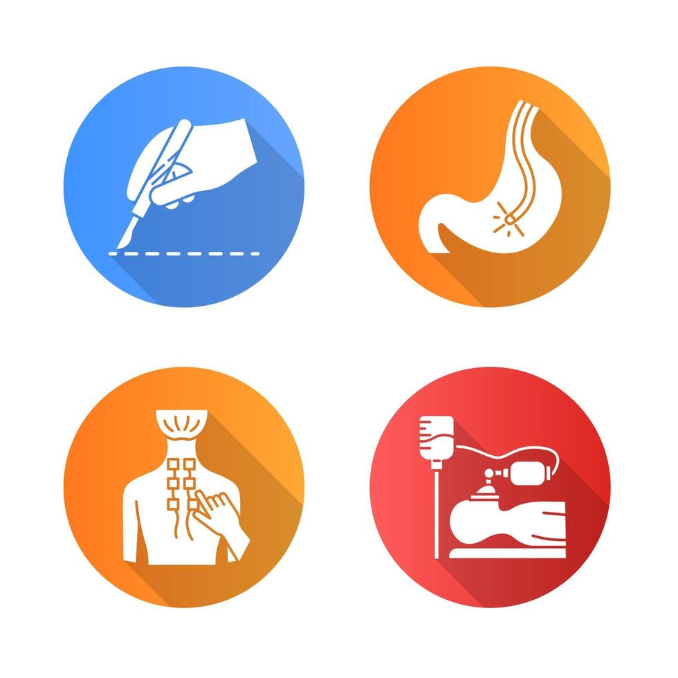 procedimento médico design plano conjunto de ícones de glifo de sombra longa vetor