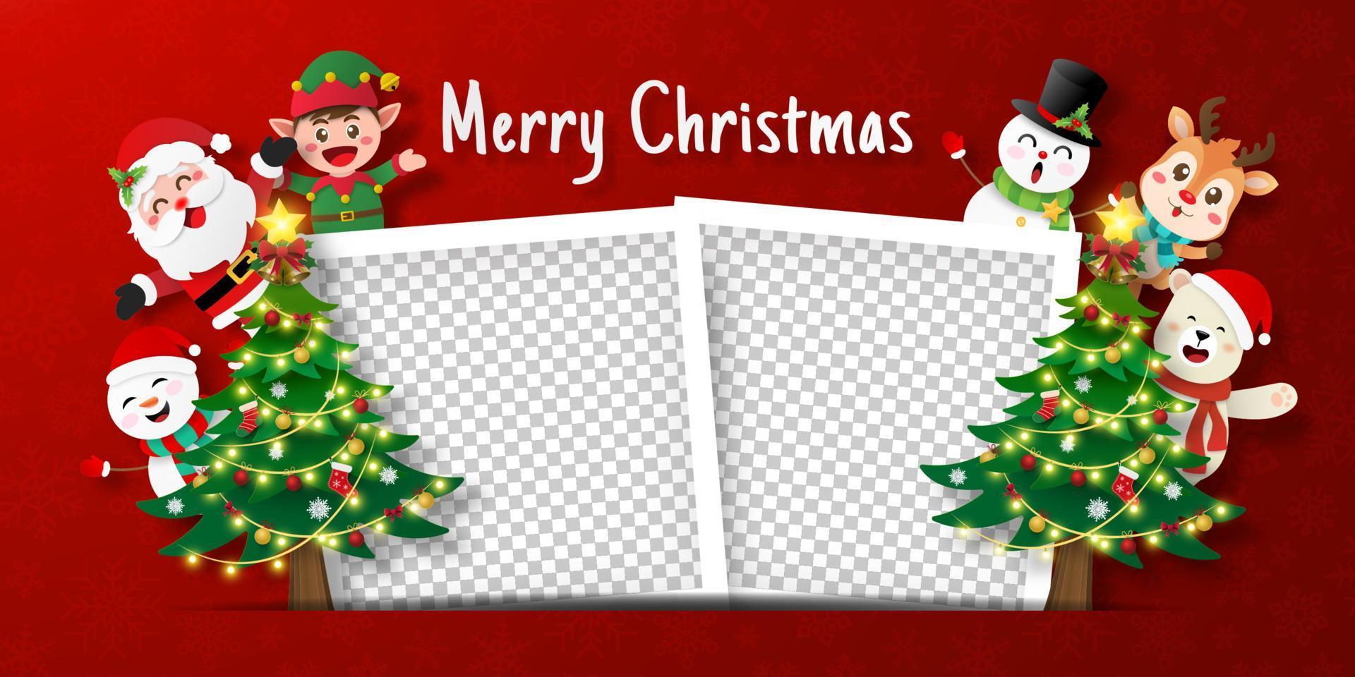 banner de cartão postal de natal do papai noel e amigos com moldura vetor