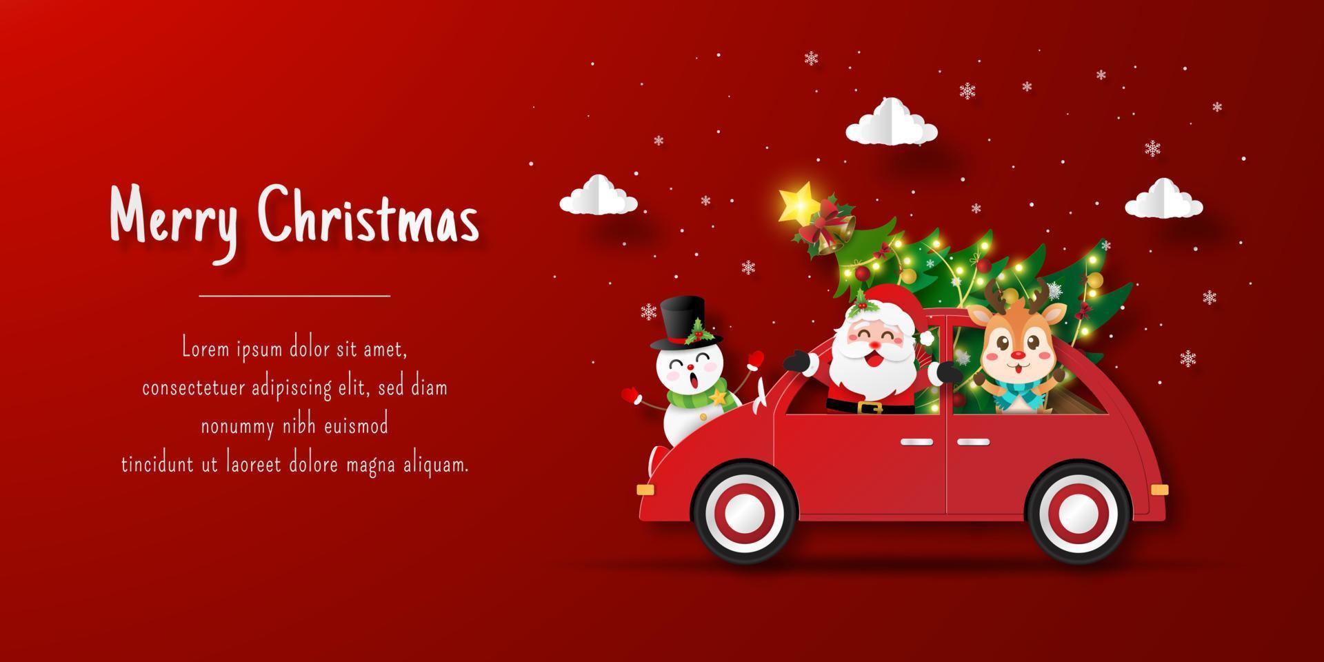 banner de cartão postal de natal do papai noel e amigos no carro de natal vetor