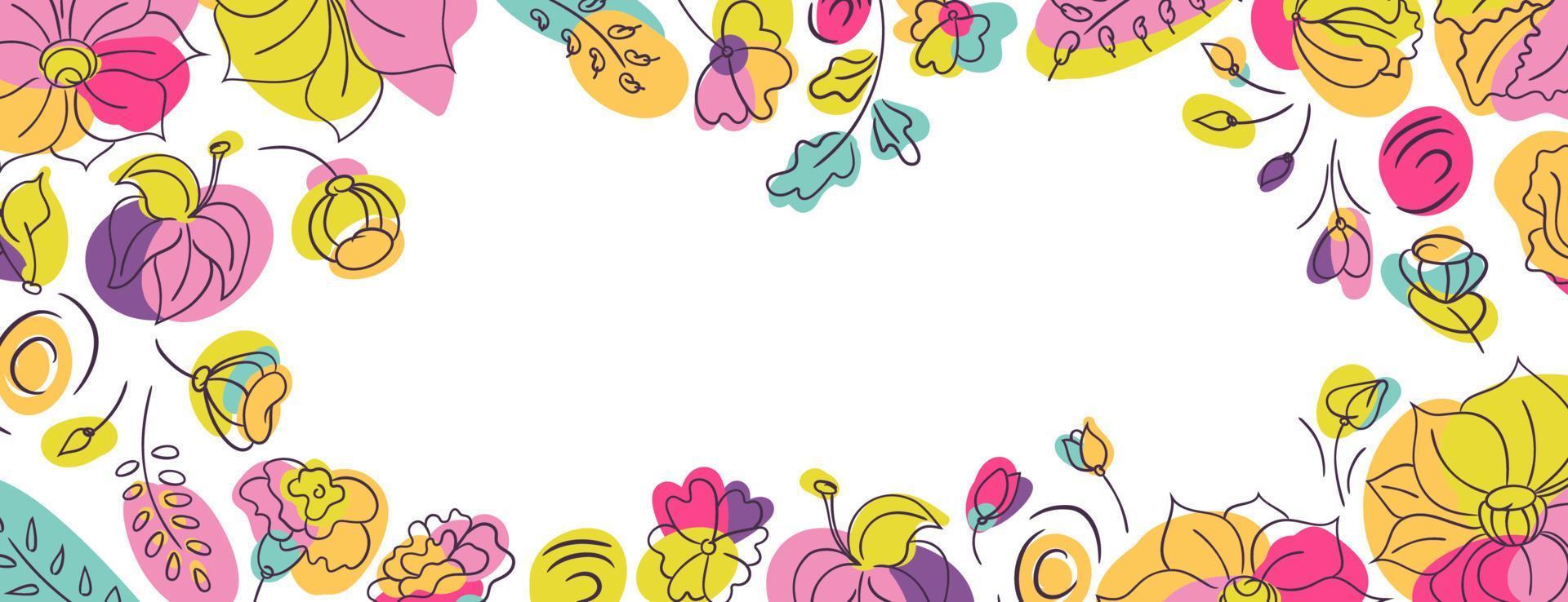 fundo de página da web de capa floral com flores silvestres de verão. canteiro de flores com cores neon brilhantes. fundo branco vetor