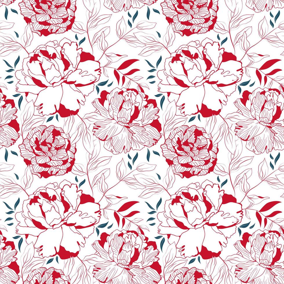 peônia vermelha e branca sem costura padrão floral. decoração linear botânica para têxteis e papel de parede com fundo rosa vetor