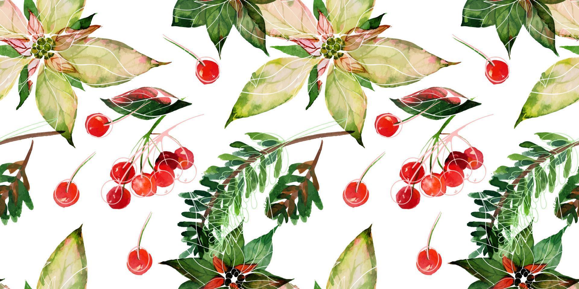 Natal rastreado aquarela padrão sem emenda floral sobre fundo branco. ramos de cerveja e frutas de inverno. decoração para tecidos fofos de Natal e ano novo, papel de embrulho e cartões comemorativos vetor