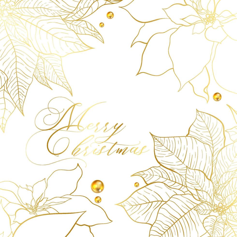 Natal moldura quadrada branca e dourada. folhas de poinsétia com linha dourada e frutos dourados. cartão de felicitações de rede social de natal e ano novo vetor