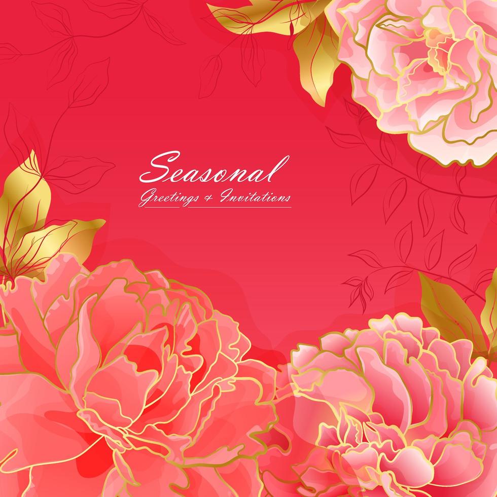 cartão quadrado floral vermelho claro com flores peônia e linha dourada em uma paleta de cores oriental. decoração botânica para web e redes sociais e decoração de saudação vetor