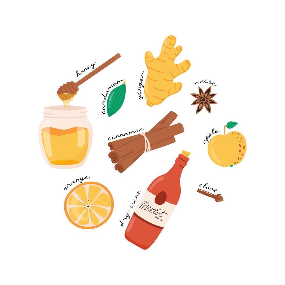 Ingredientes do vinho quente - maçã, gengibre e canela - ilustração em vetor plana isolada no backround branco. receita de vinho quente.