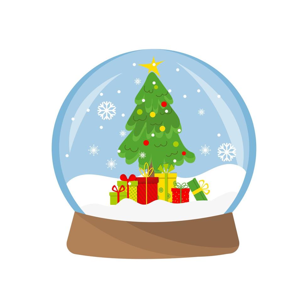 bola de neve de vidro mágico com árvore de Natal, caixa de presente, flocos de neve. isolado no fundo branco. ilustração vetorial. vetor
