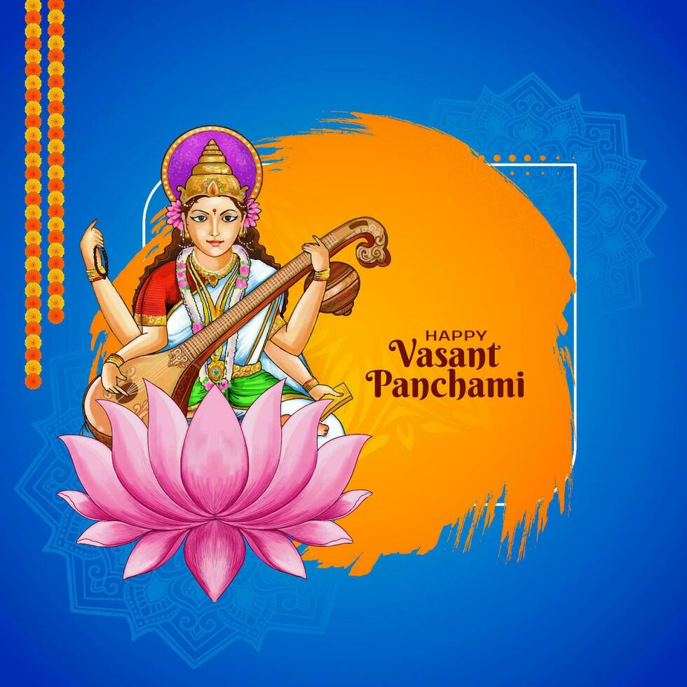 feliz vasante panchami hindu religioso festival com deusa saraswati ilustração vetor