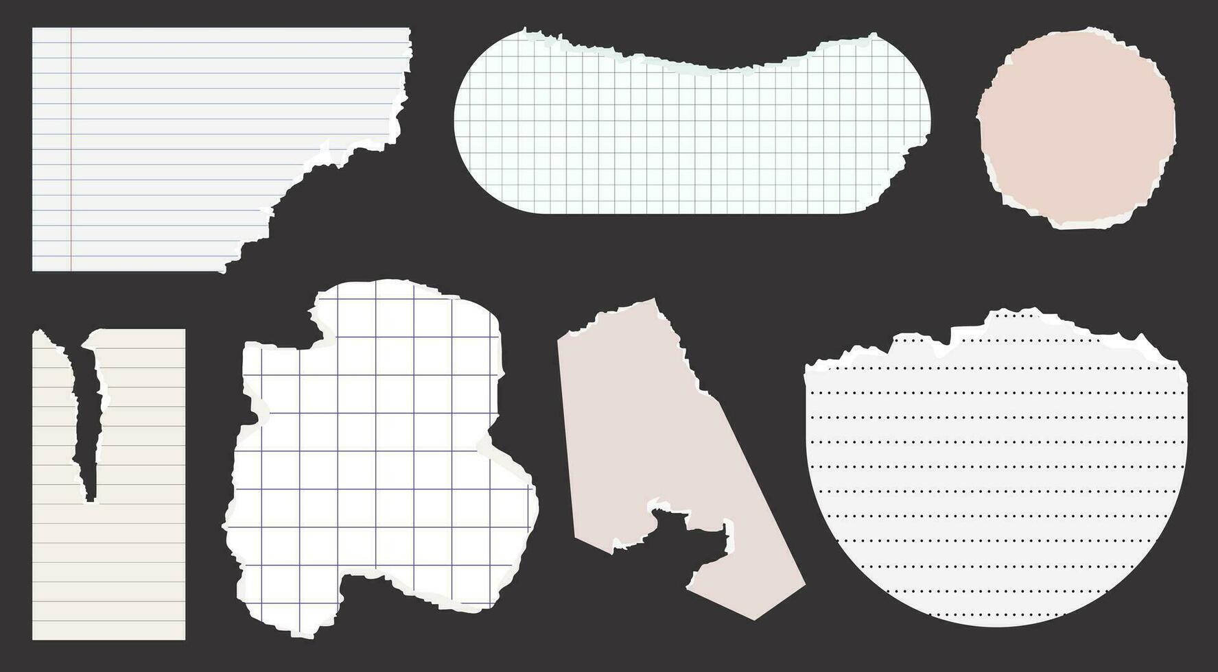 uma conjunto do rasgado papel, caderno folhas alinhado, ao quadrado, pontilhado, construir papel. uma conjunto do elementos para uma colagem. vetor moda ilustração.