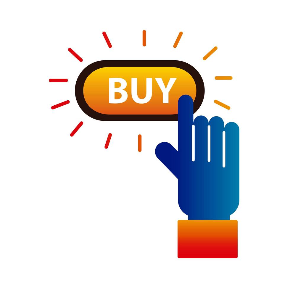 comprar botão online com a mão empurrando a tecnologia de comércio eletrônico vetor