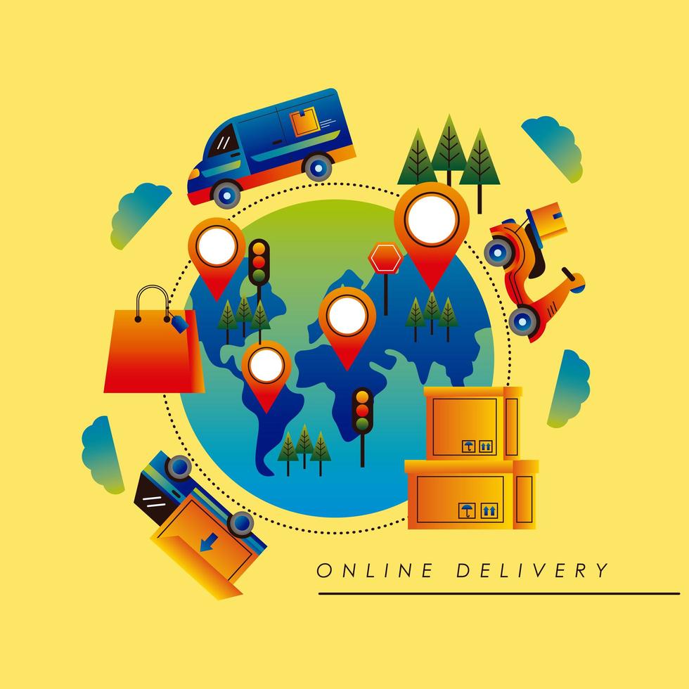 tecnologia de serviço de entrega online com veículos em todo o planeta vetor