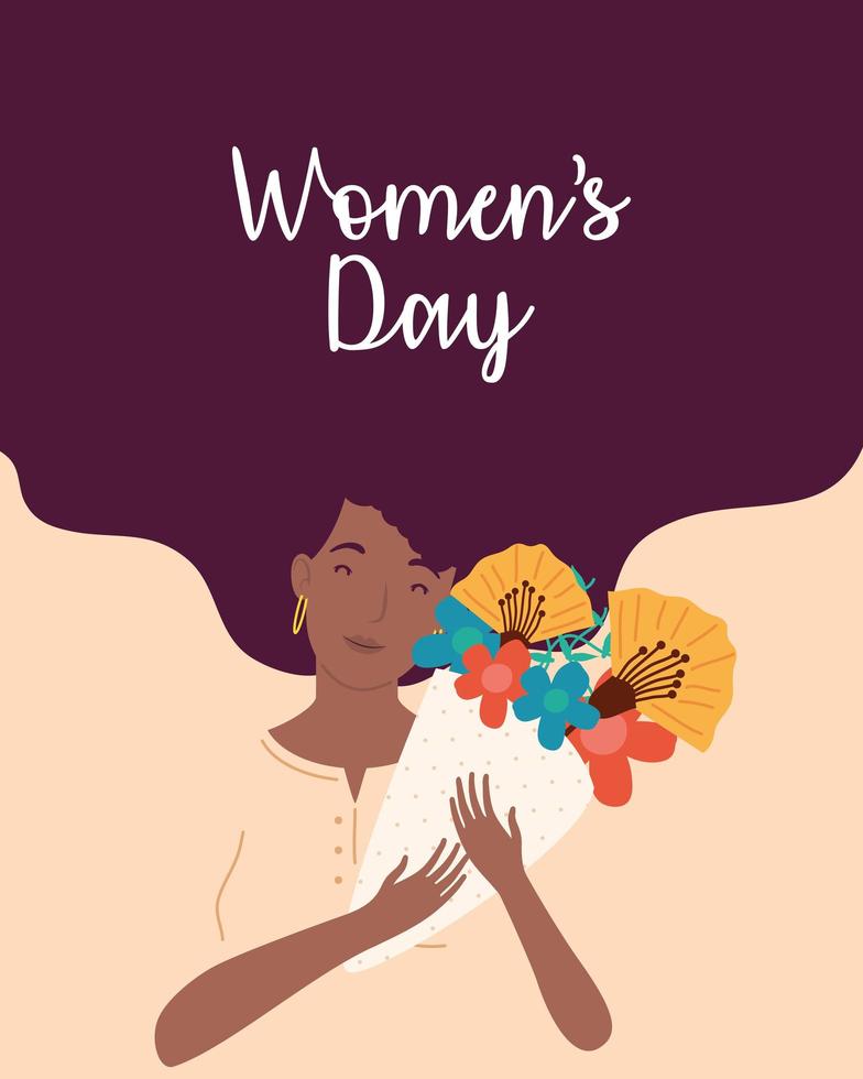 letras de dia das mulheres com mulher afro levantando buquê de flores vetor
