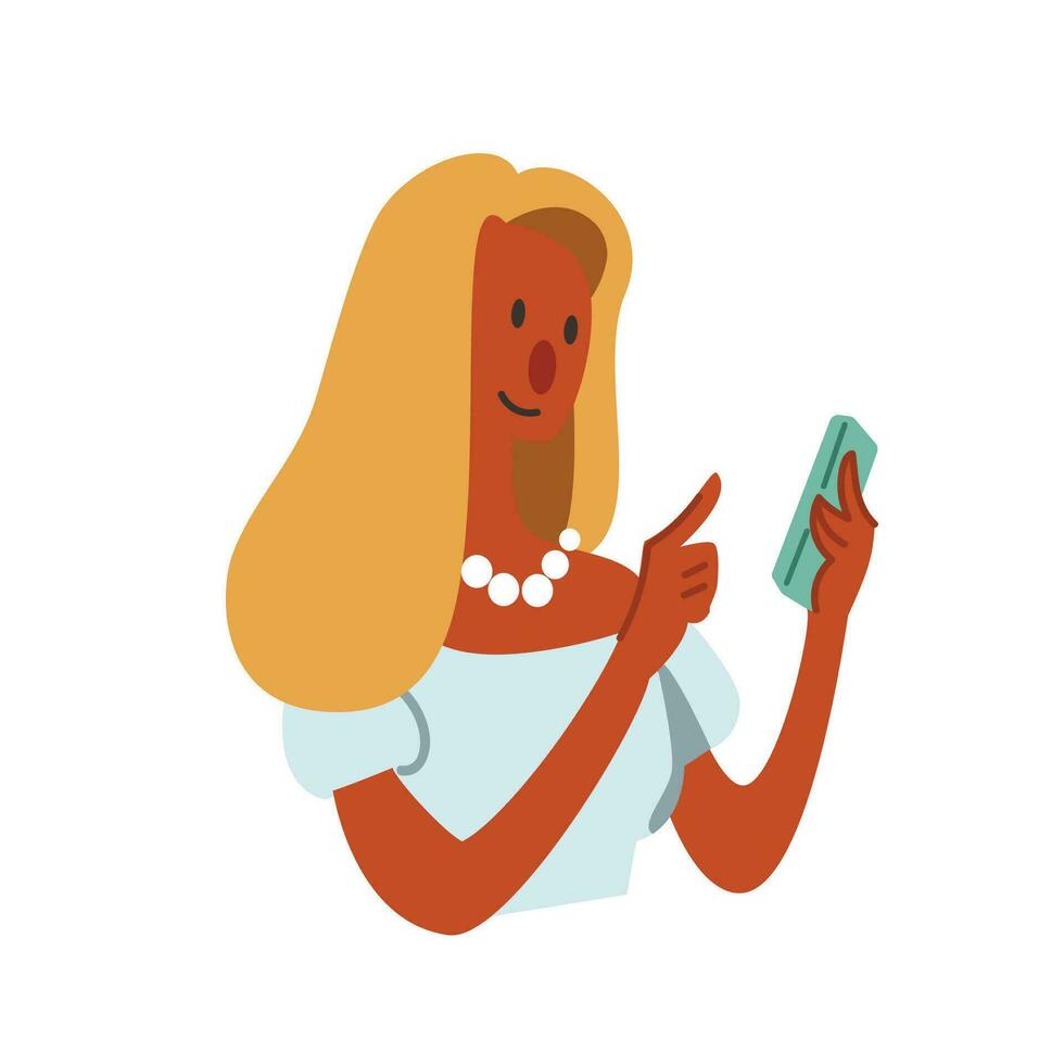 uma mulher usando seus Smartphone fofa plano vetor ilustração. retrato do mulher usando Móvel telefone para comunicação, social meios de comunicação, Móvel Internet e qualquer negócios.