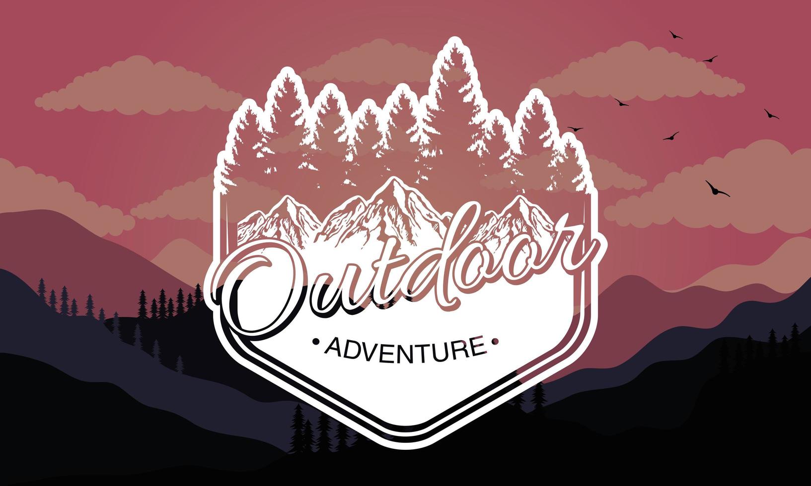 emblema de letras de aventura ao ar livre com pinheiros na paisagem vetor