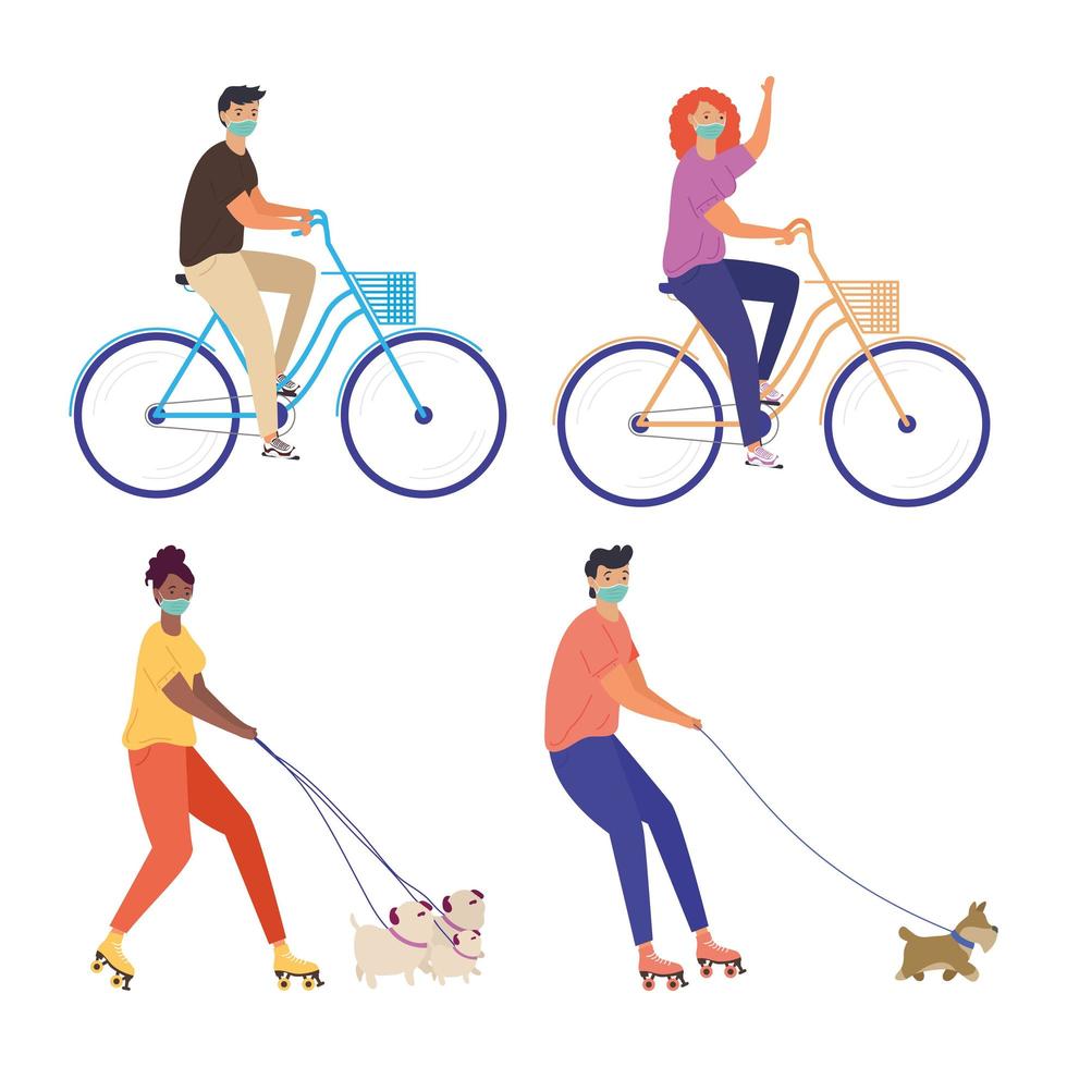 jovens usando máscaras médicas com cachorros em bicicletas e patins vetor