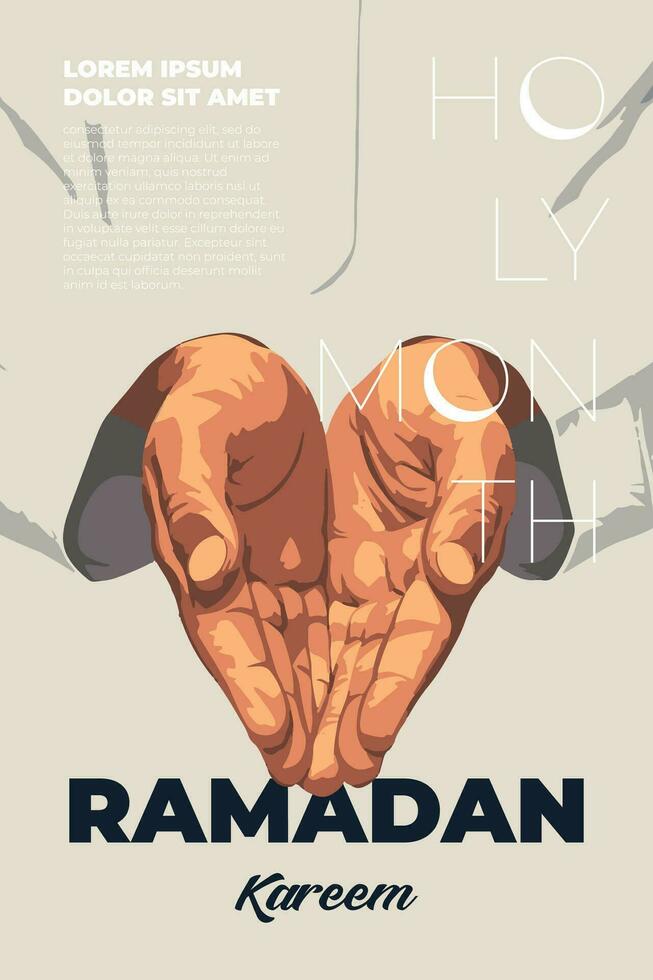 islâmico piedosos mês Ramadã kareem poster. muçulmano crente dentro árabe roupas mãos Palmeiras guardada dentro oração. eid Mubarak feriado cartaz. islamismo celebração moderno na moda arte tipografia conceito. vetor