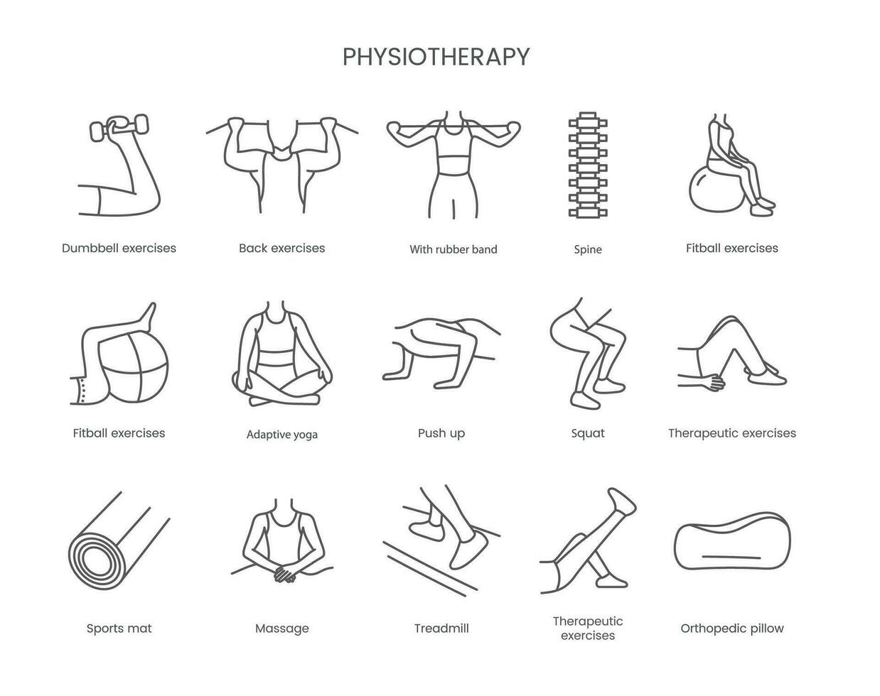 conjunto do ícones fisioterapia, haltere exercícios, costas exercícios, com borracha banda, coluna vertebral e fitball exercícios, adaptável ioga, empurrar acima e agachamento, terapêutico exercícios. linear vetor ilustração