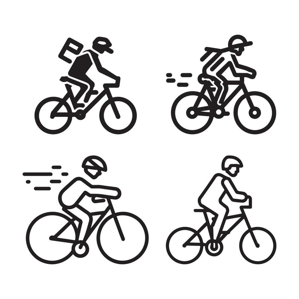 ai gerado montanha bicicleta cavaleiro ícone definir, montanha bicicleta cavaleiro plano ícone esboço vetor