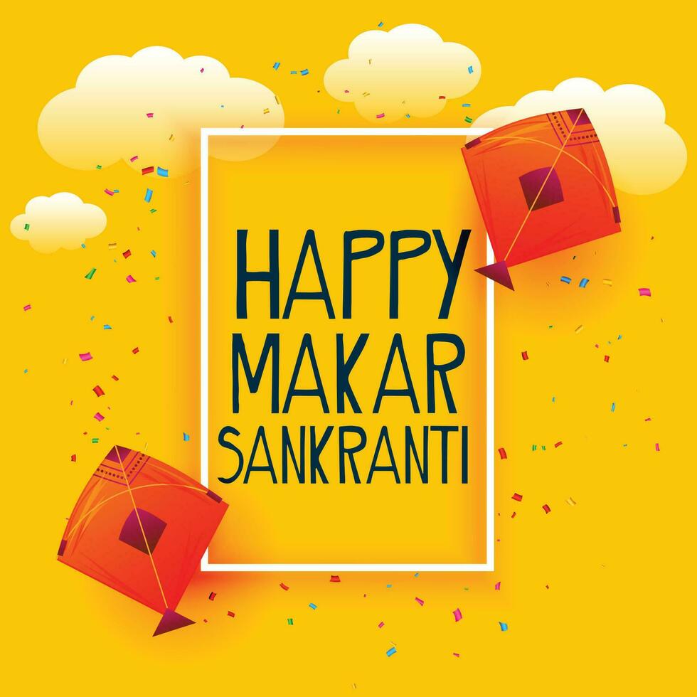 feliz Makar Sankranti amarelo cartão com nuvens e pipas vetor