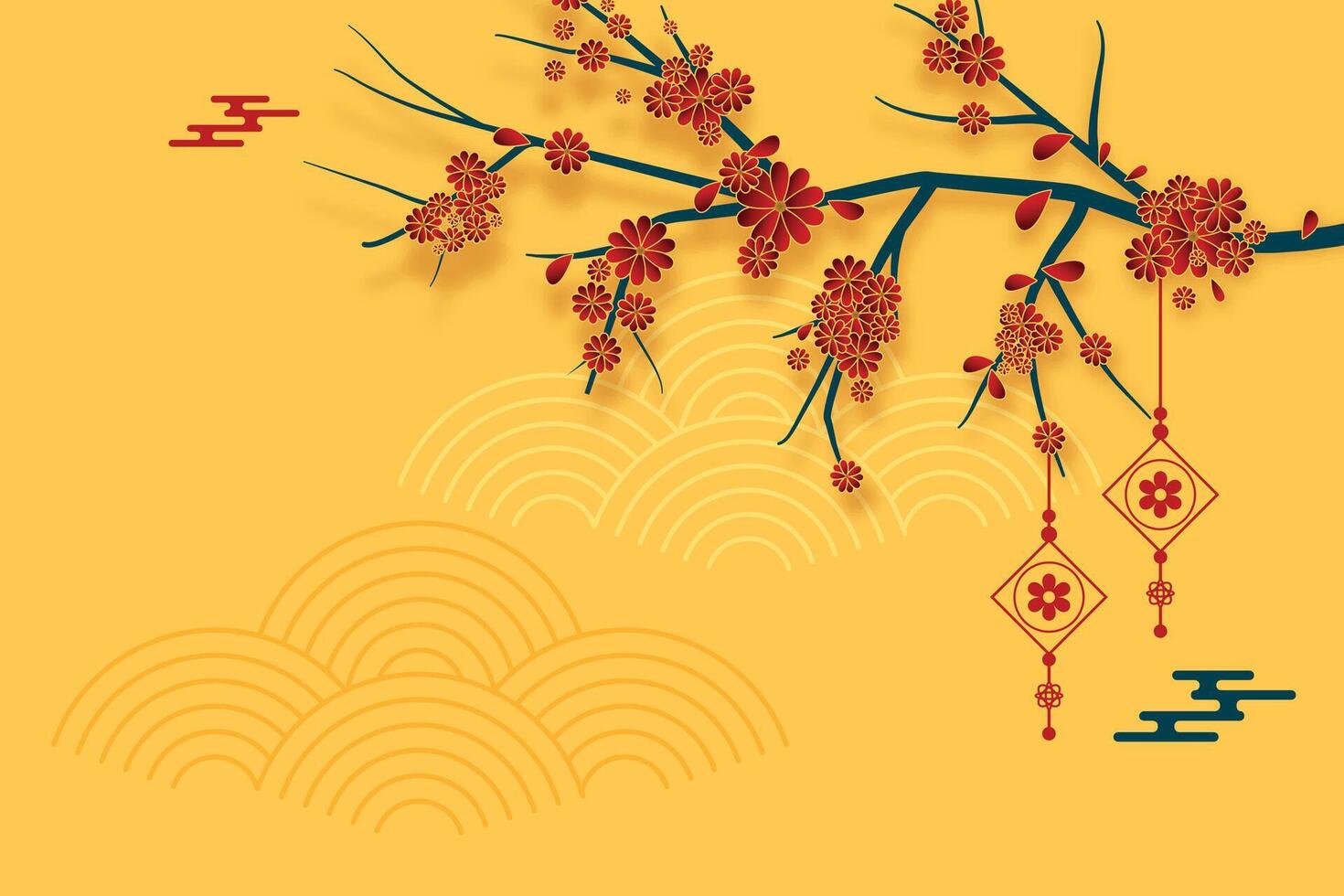 tradicional chinês fundo com sakura árvore e lanterna decoração vetor