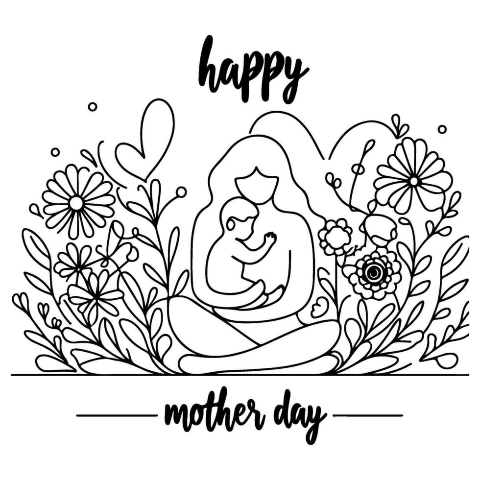 internacional mulheres dia cartão, mulher segurando dela criança dentro coração com contínuo 1 Preto esboço linha desenhando feliz mães dia bandeira rabisco estilo vetor ilustração