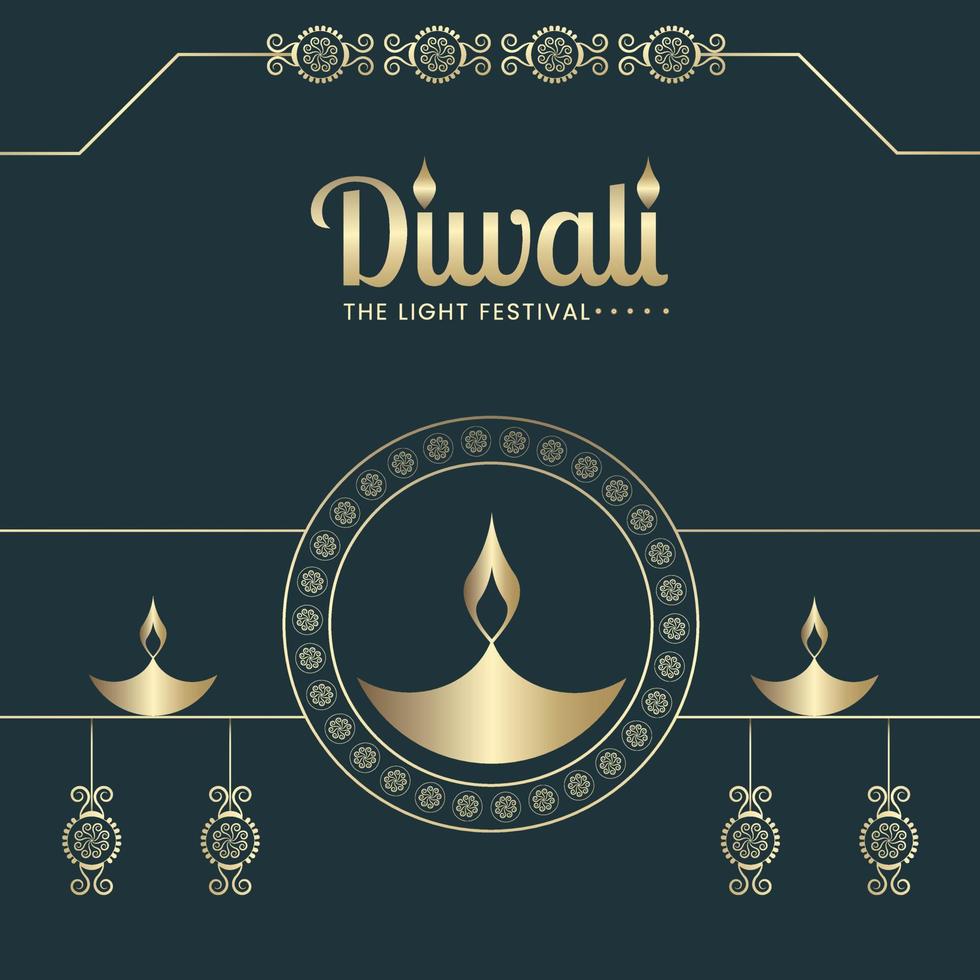 post de mídia social de luxo feliz de Diwali. o festival da luz com ilustração de lâmpadas de óleo de ouro vetor