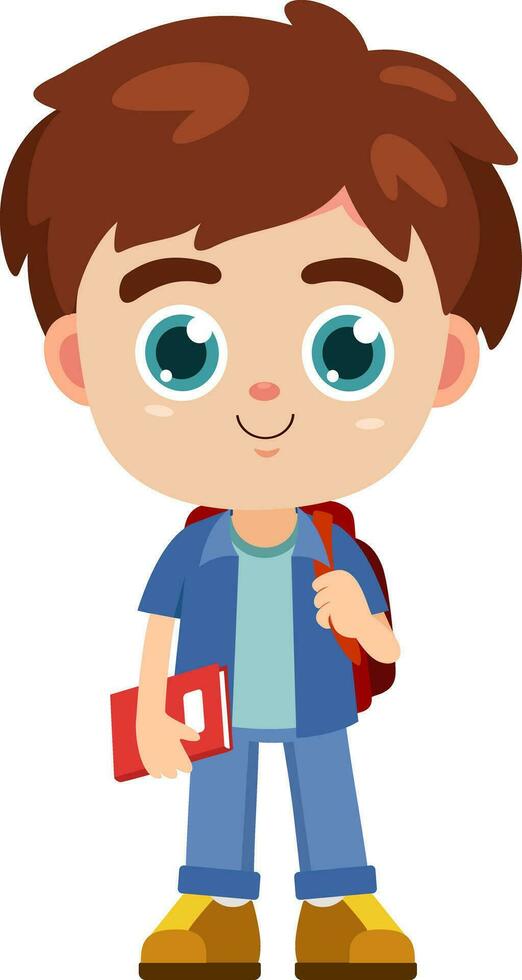 feliz escola Garoto desenho animado personagem com mochila e livro didático. vetor ilustração plano Projeto