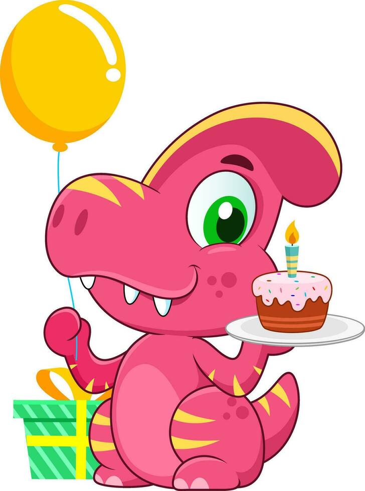 engraçado dinossauro desenho animado personagem vestindo uma festa chapéu e segurando uma aniversário bolo. vetor ilustração plano Projeto