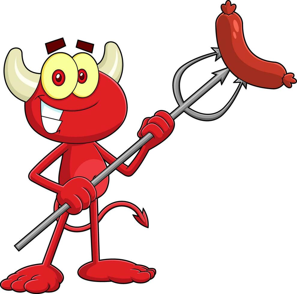 fofa pequeno vermelho diabo desenho animado personagem com grelhado salsichas dentro forcado. vetor mão desenhado ilustração